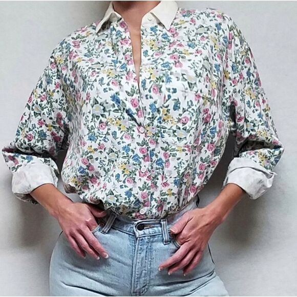 𝅺VINTAGE 90s Falls Creek Button Up Floral Denim Top - Picture 3 of 15